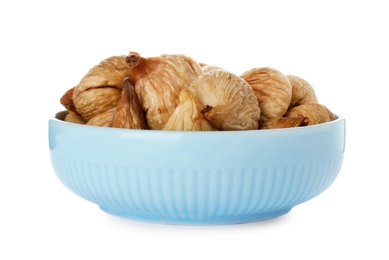 Photo of Bowl with figs on white background. Dried fruit as healthy food