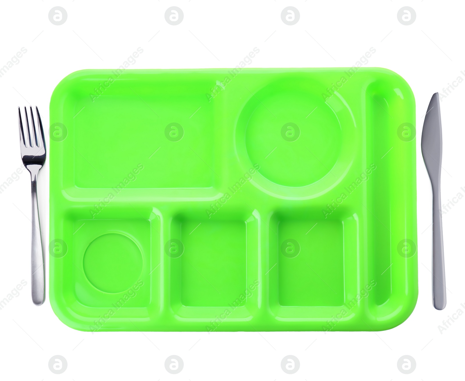 Photo of Empty plastic tray on white background, top view. School lunch