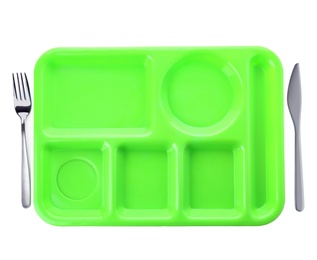 Empty plastic tray on white background, top view. School lunch