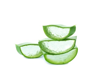 Photo of Aloe vera slices on white background