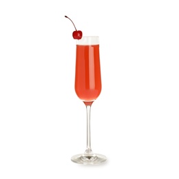 Photo of Glass of Cherry Blossom cocktail on white background. Traditional alcoholic drink