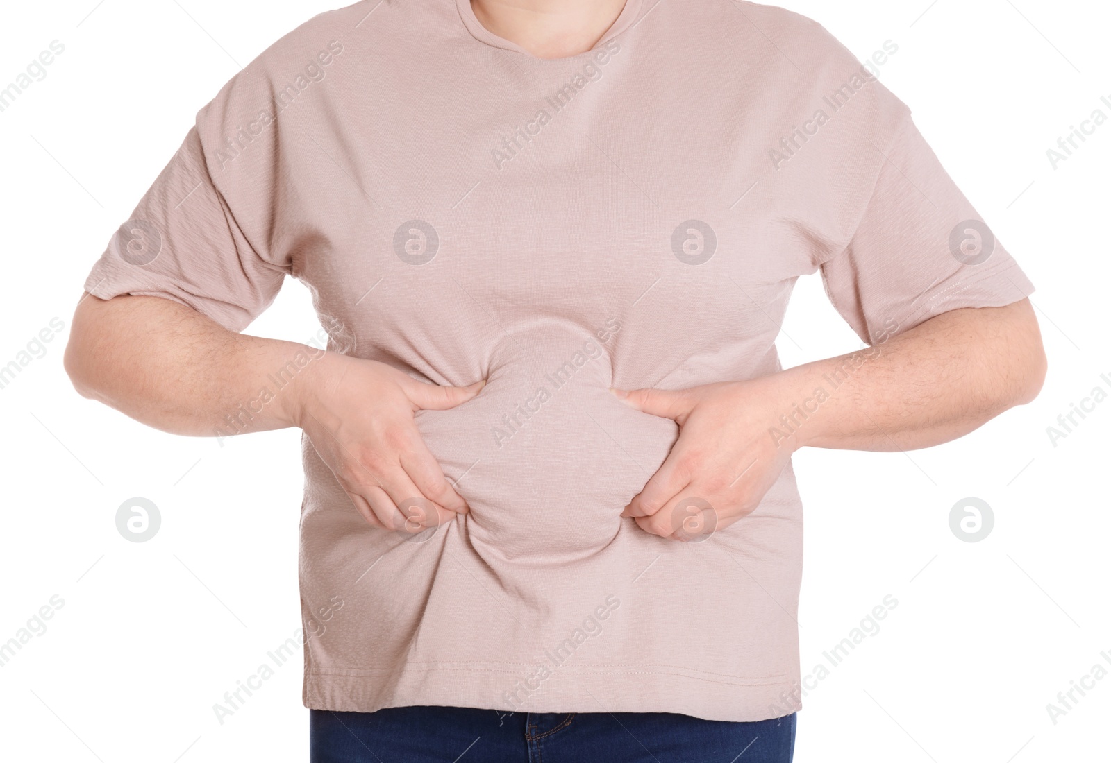 Photo of Overweight woman isolated on white, closeup. Obesity and weight loss