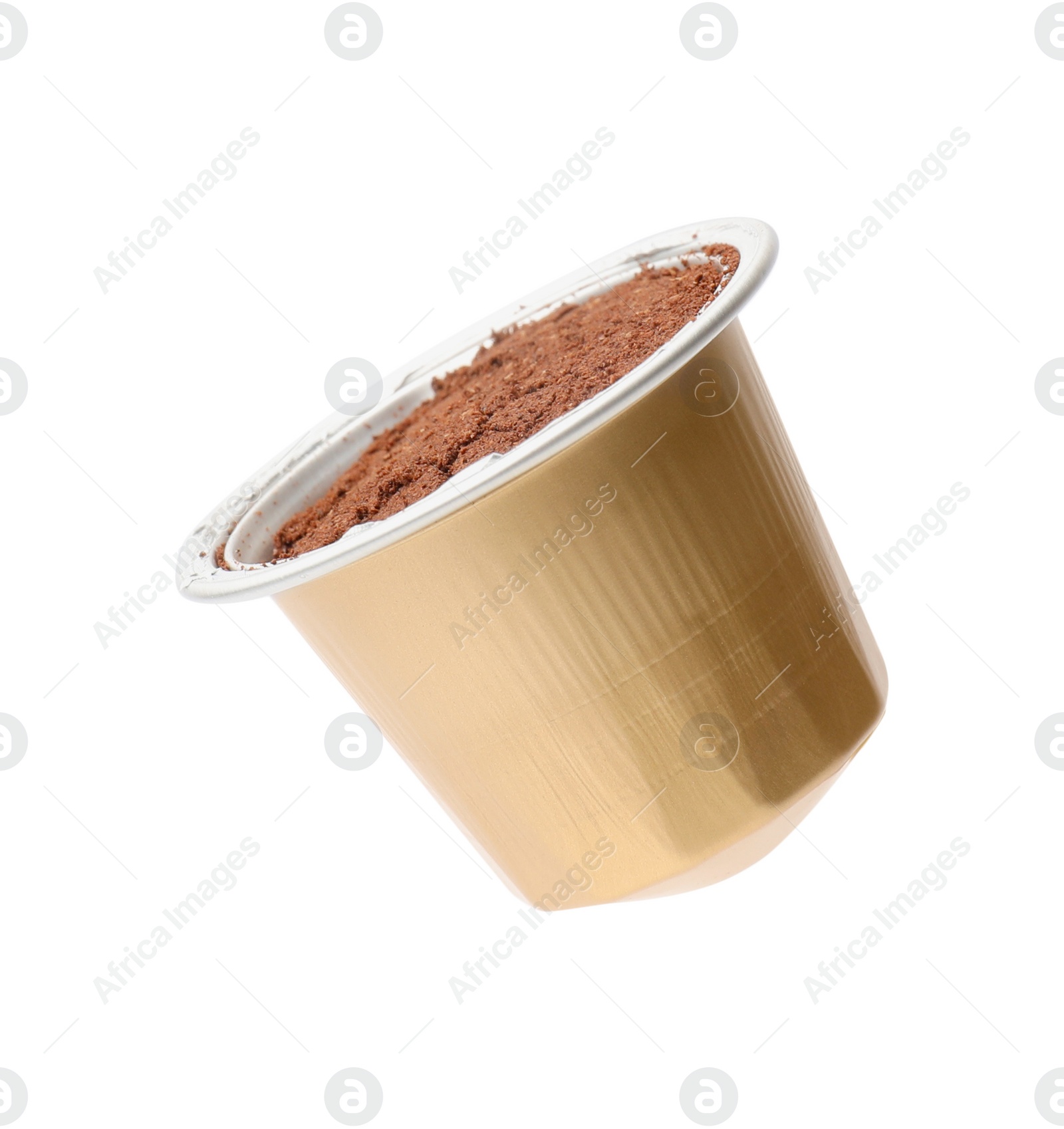 Photo of One open plastic coffee capsule isolated on white