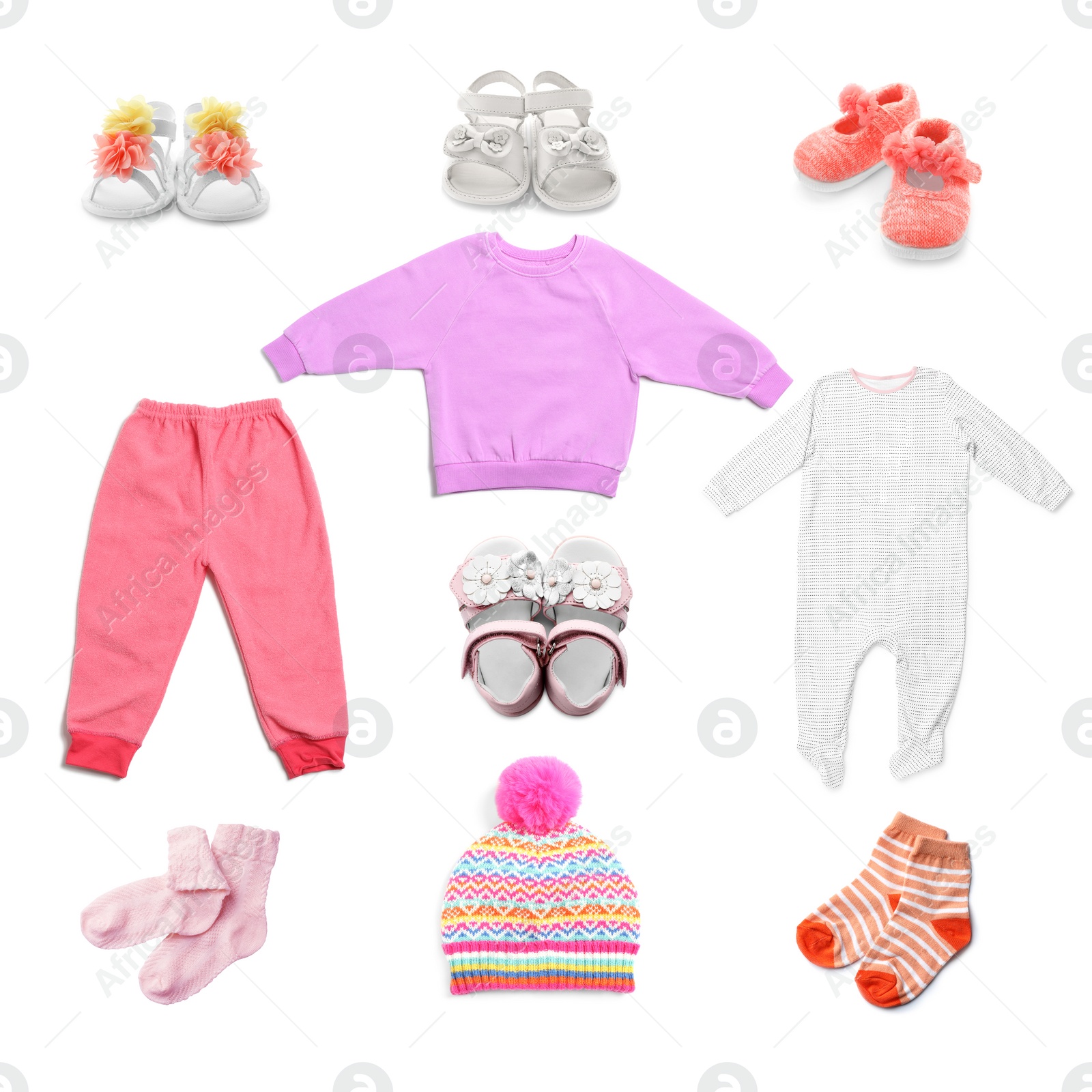 Image of Set with different baby clothes on white background 