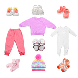 Image of Set with different baby clothes on white background 