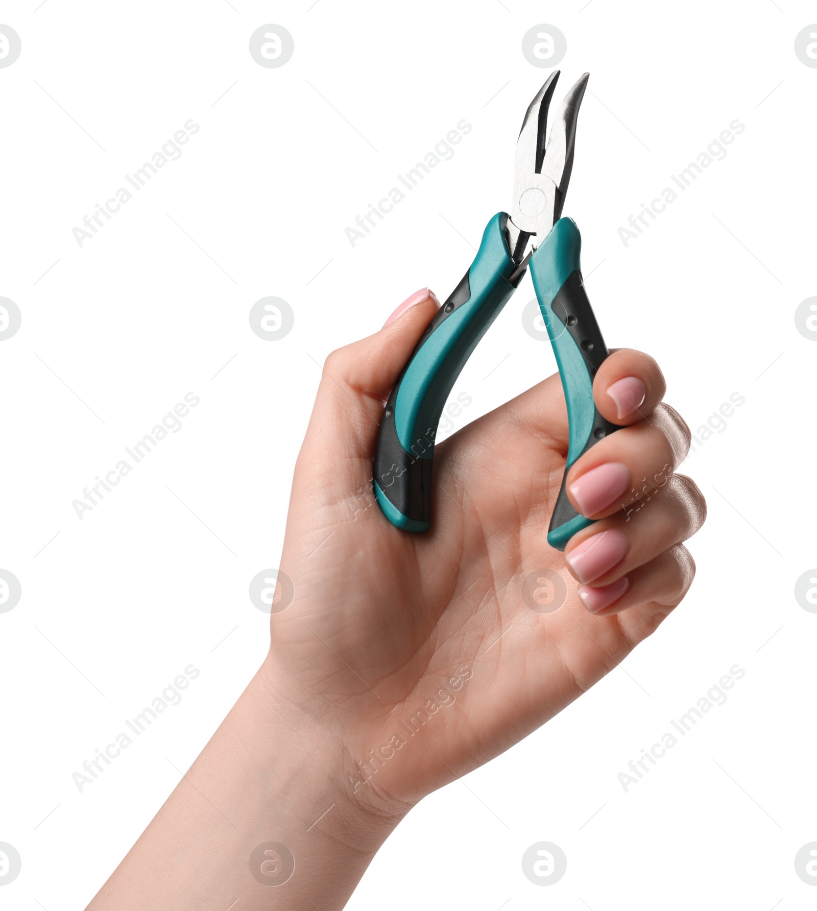 Photo of Woman with bent nose pliers on white background, closeup