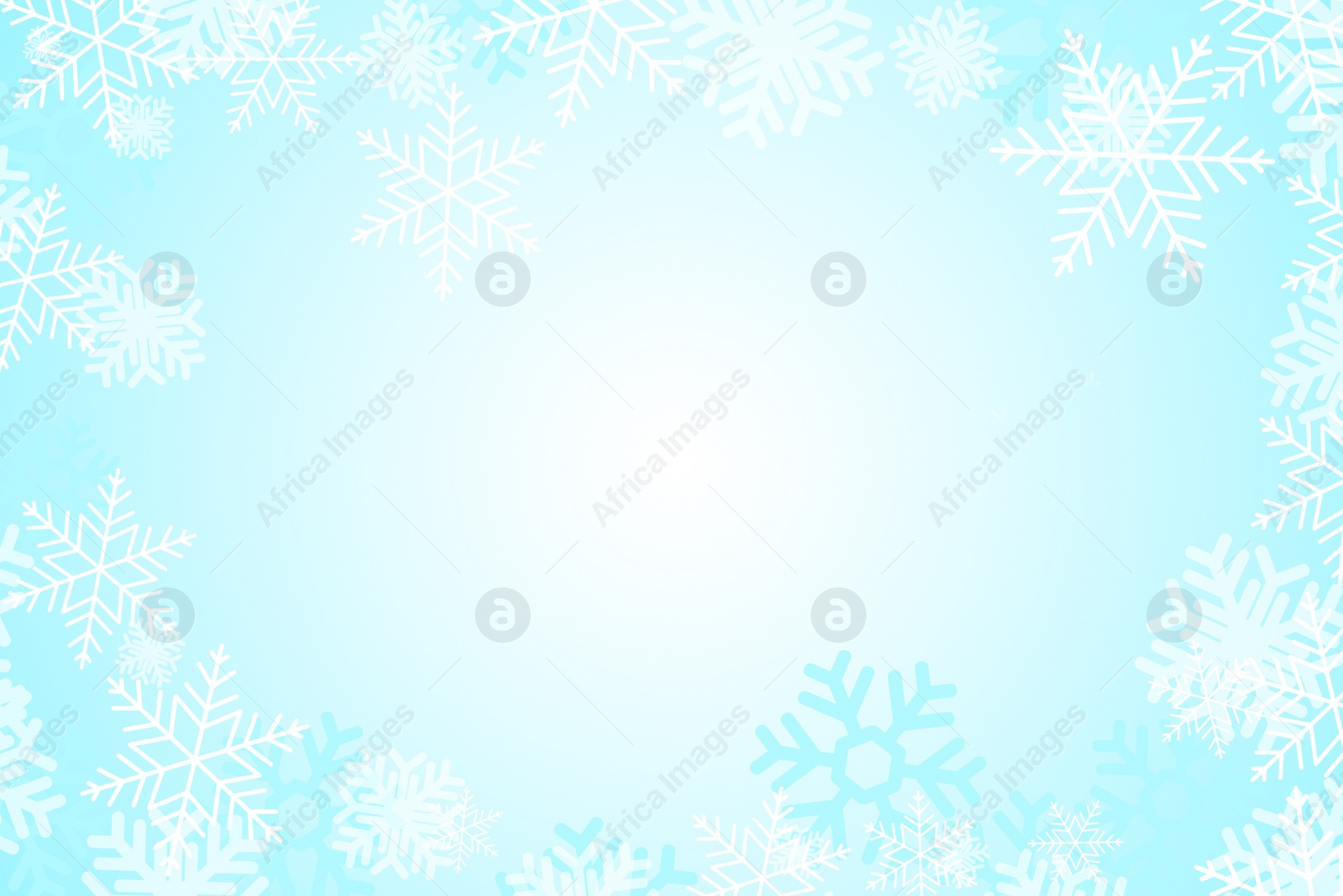 Illustration of Frame made of snowflakes on light blue background. Space for text