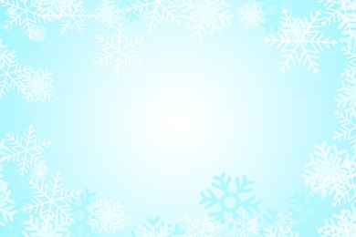 Illustration of Frame made of snowflakes on light blue background. Space for text