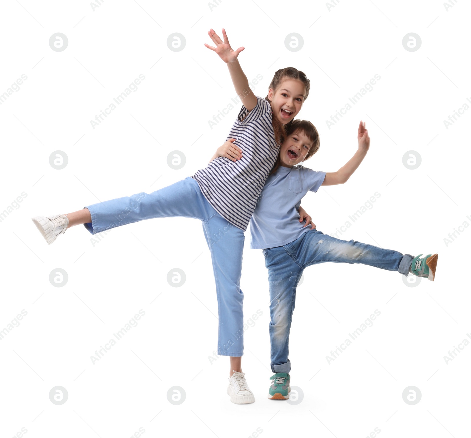 Photo of Happy brother and sister on white background