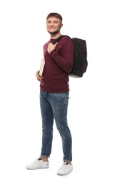 Photo of Young student with backpack and books on white background