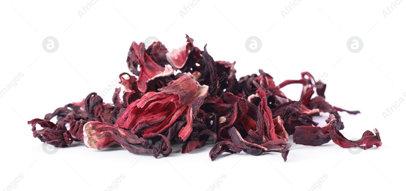 Photo of Pile of dry hibiscus tea isolated on white