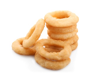 Freshly cooked onion rings on white background