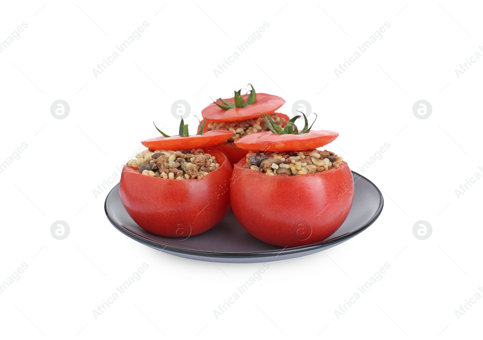 Photo of Delicious stuffed tomatoes with minced beef, bulgur and mushrooms isolated on white