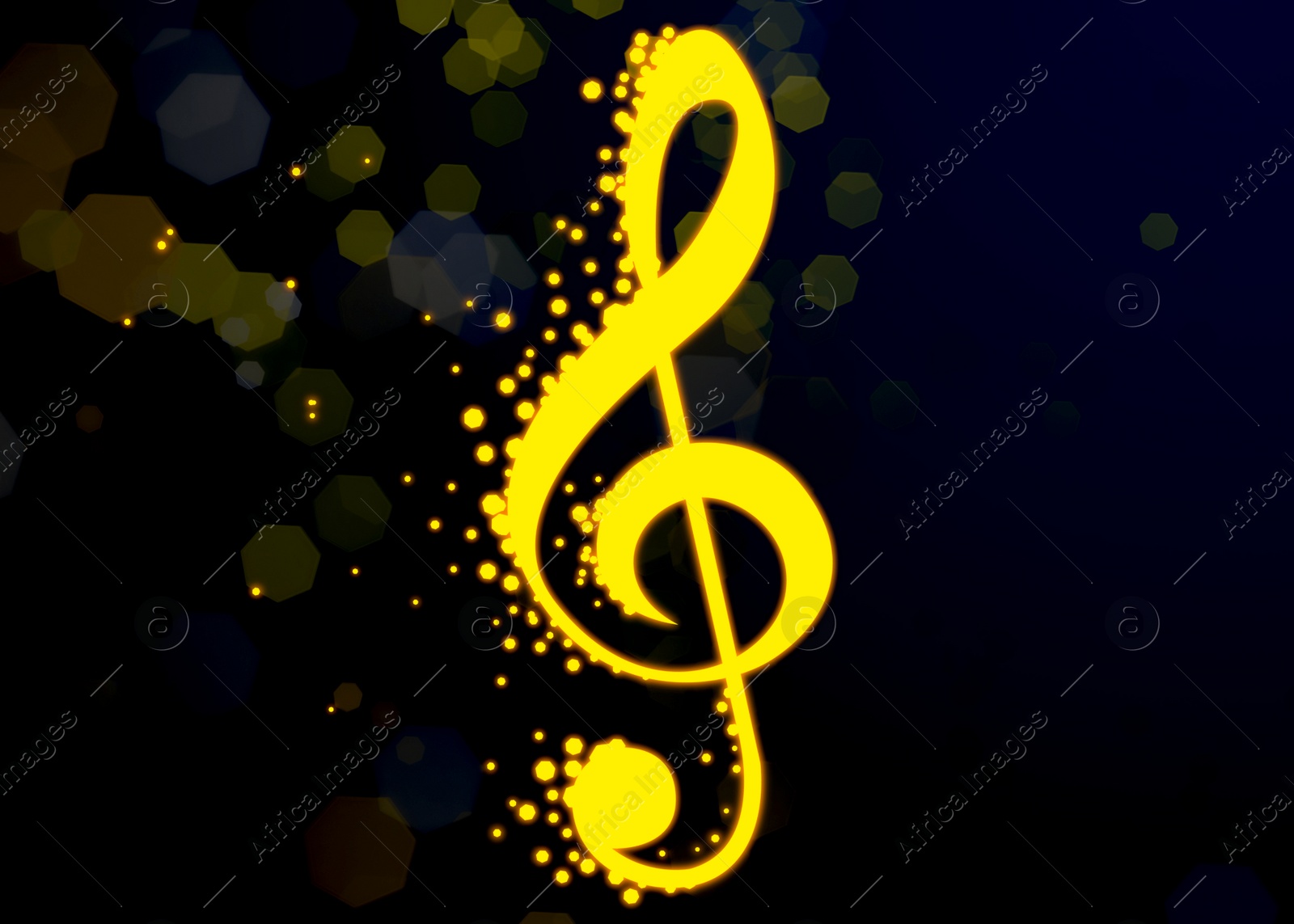 Illustration of Golden treble clef flying apart in bright sparks on dark blue background, bokeh effect. Beautiful illustration design