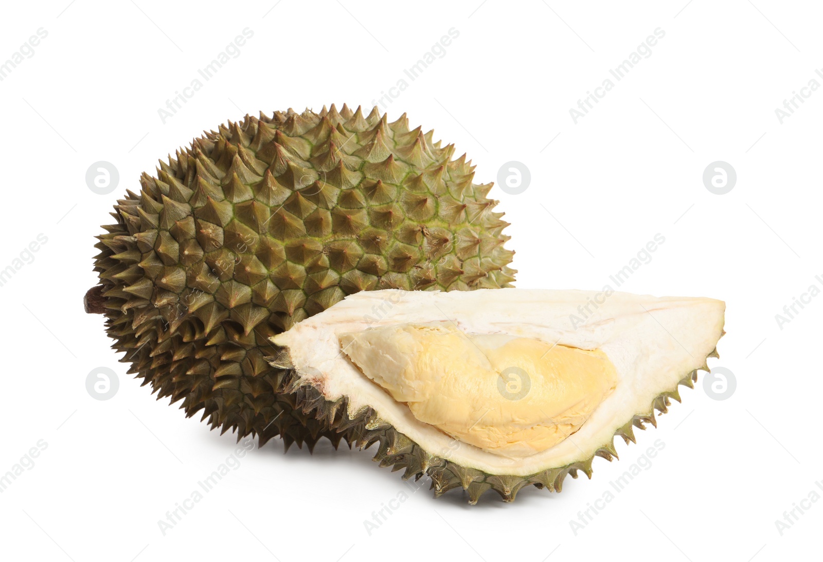 Photo of Cut and whole ripe durians on white background