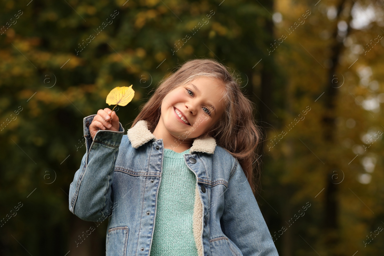 Photo of Portrait of happy girl with autumn dry leaf outdoors