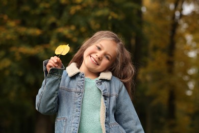 Photo of Portrait of happy girl with autumn dry leaf outdoors