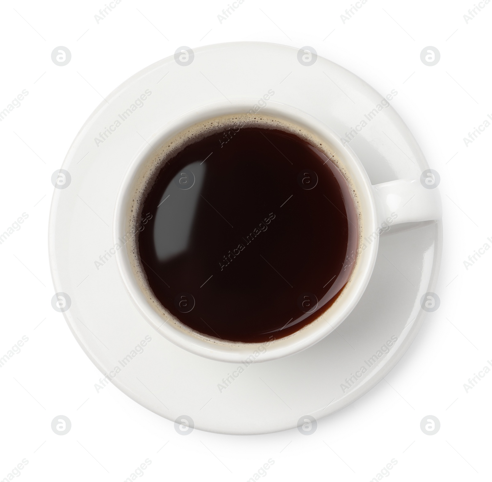 Photo of Cup of aromatic coffee isolated on white, top view