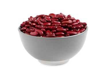 Photo of Bowl of raw red kidney beans isolated on white