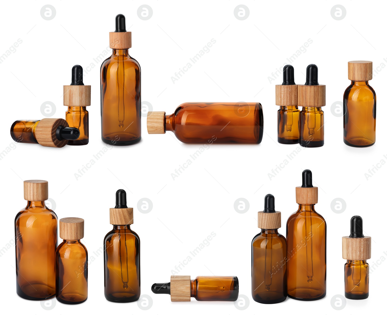 Image of Collage with different bottles isolated on white