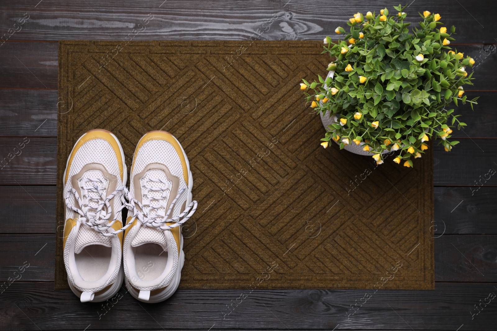 Photo of New clean door mat with shoes and plant on black wooden floor, top view