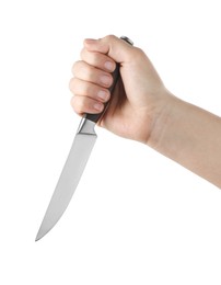 Photo of Woman holding knife on white background, closeup