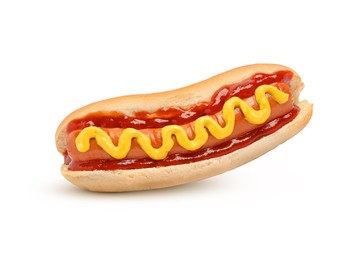 Yummy hot dog with ketchup and mustard isolated on white