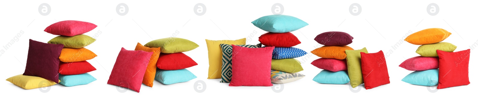 Image of Set with different stylish decorative pillows on white background. Banner design