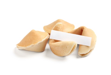 Photo of Traditional fortune cookies with prediction on white background