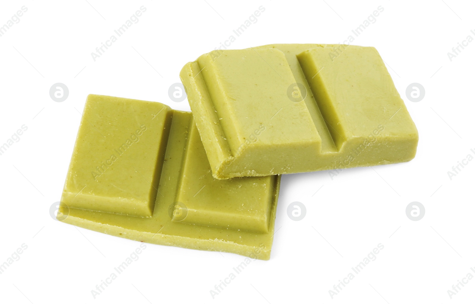 Photo of Pieces of tasty matcha chocolate bar isolated on white