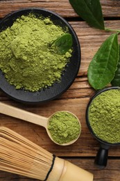 Flat lay composition with green matcha powder on wooden table