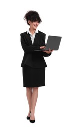 Photo of Beautiful happy businesswoman using laptop on white background
