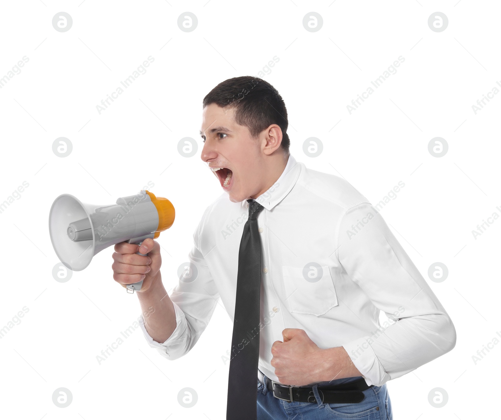 Photo of Portrait of emotional businessman using megaphone on white background