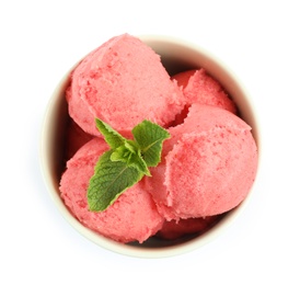 Photo of Delicious strawberry ice cream with mint in dessert bowl on white background, top view