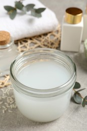 Photo of Homemade natural rice water on light grey table