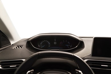 Photo of Speedometer, tachometer and steering wheel inside car
