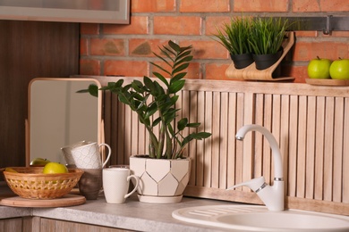 Photo of Stylish sink and faucet in modern kitchen. Idea for home design