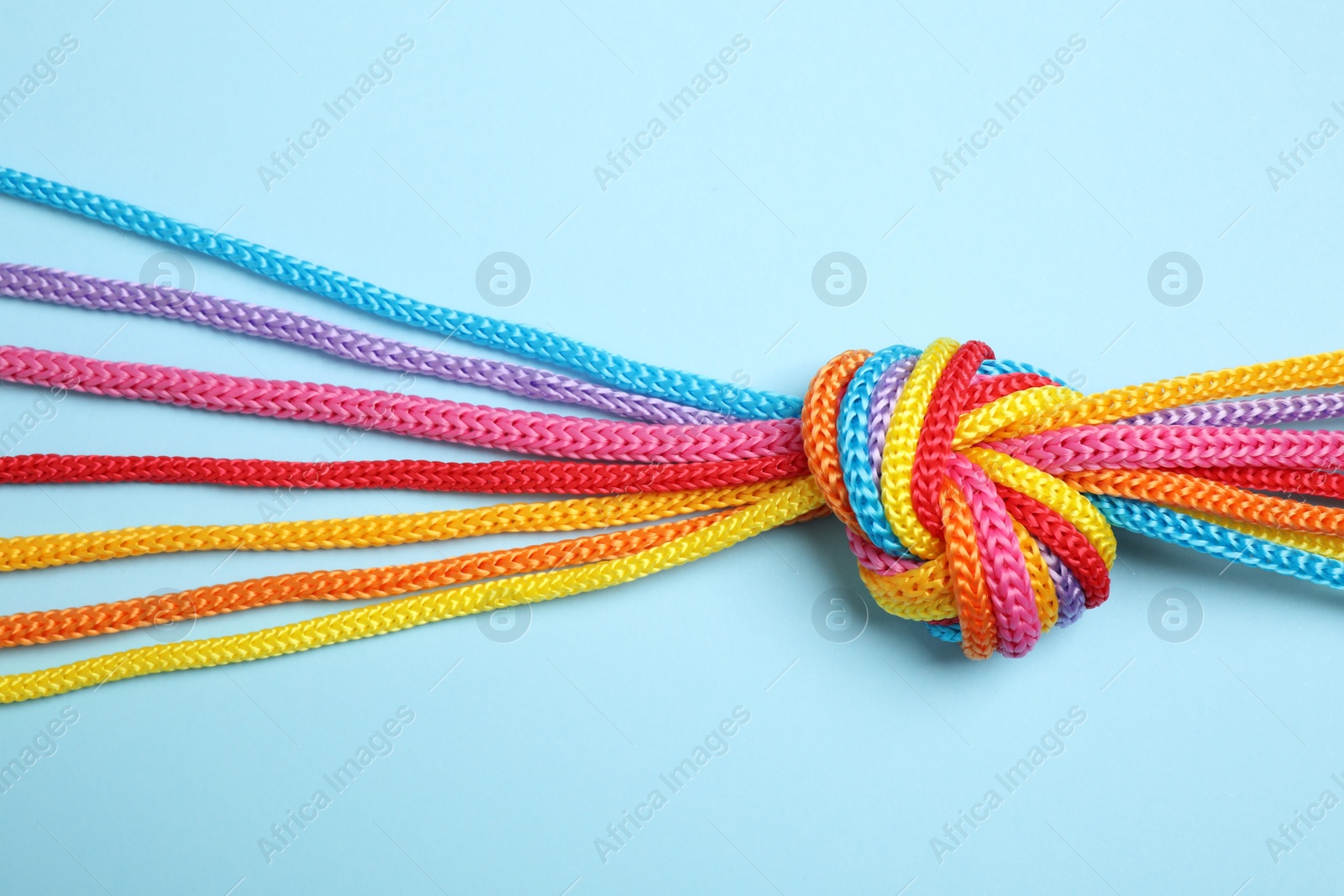 Photo of Colorful ropes tied together on light blue background, top view. Unity concept