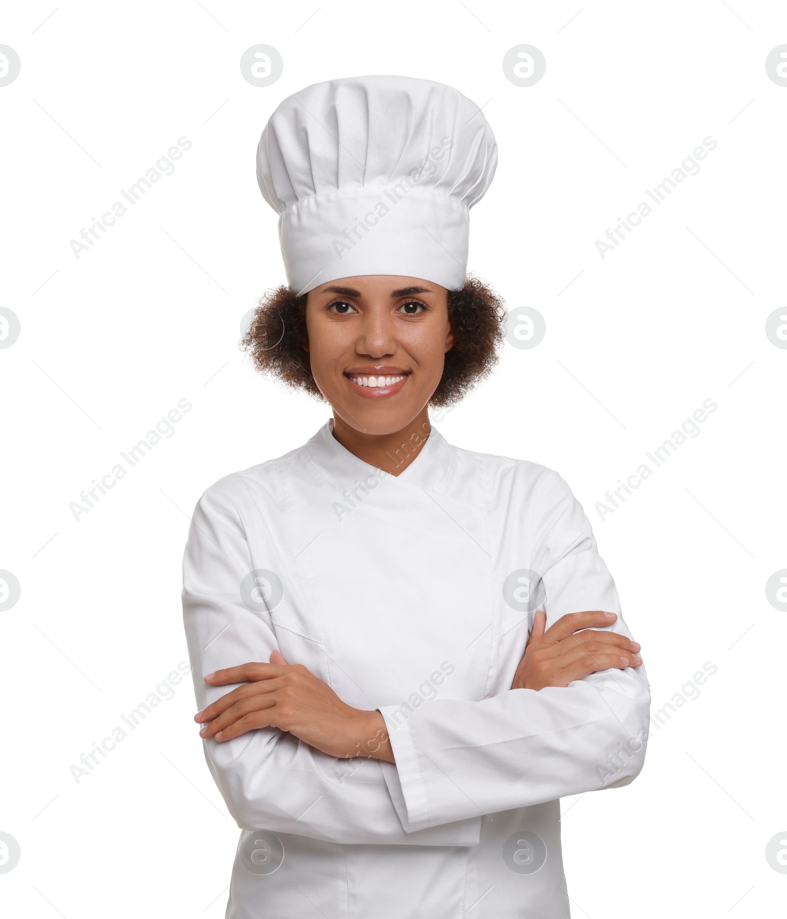 Photo of Portrait of happy female chef in uniform on white background