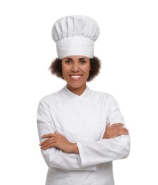 Portrait of happy female chef in uniform on white background