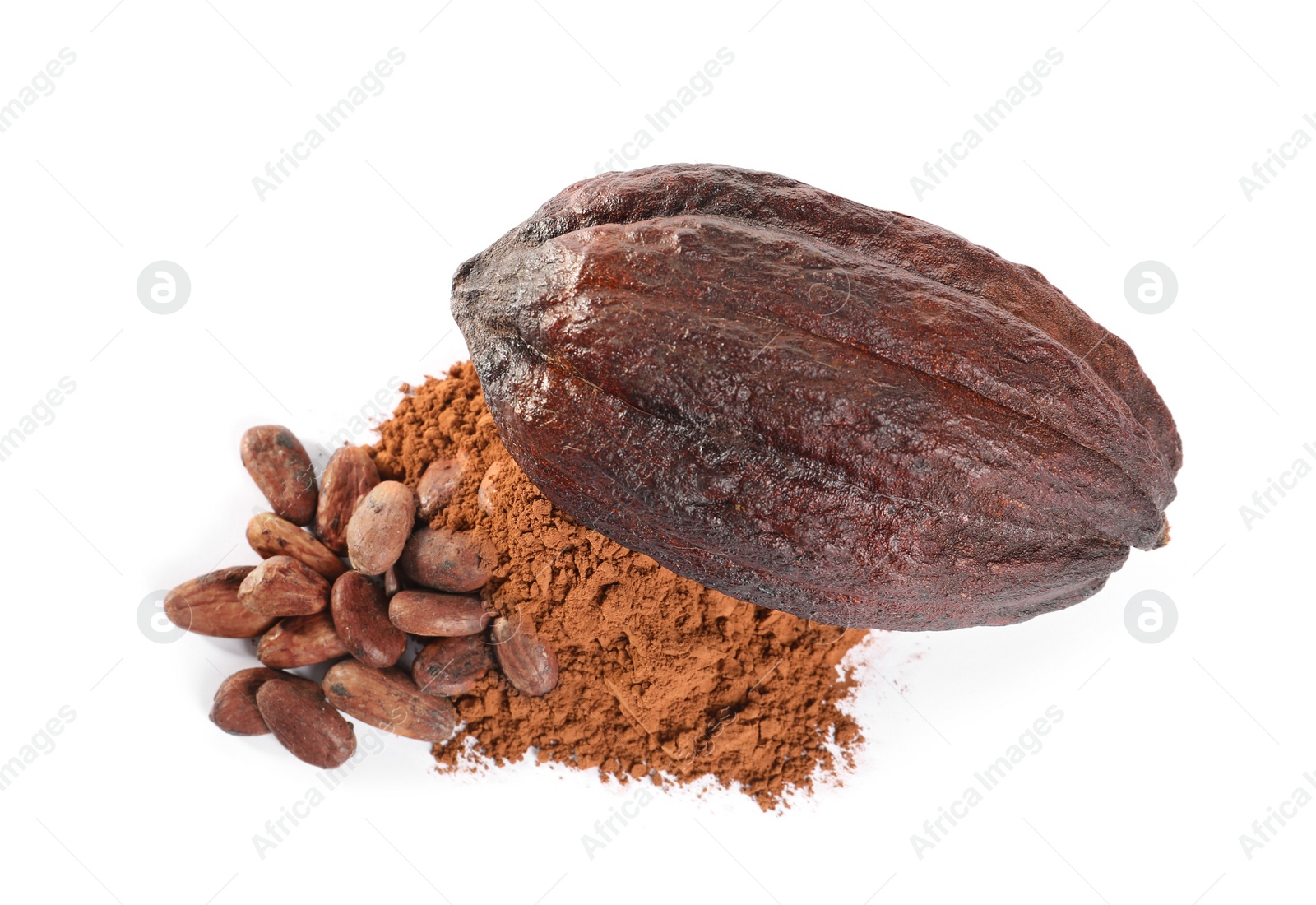 Photo of Whole cocoa pod, powder and beans on white background