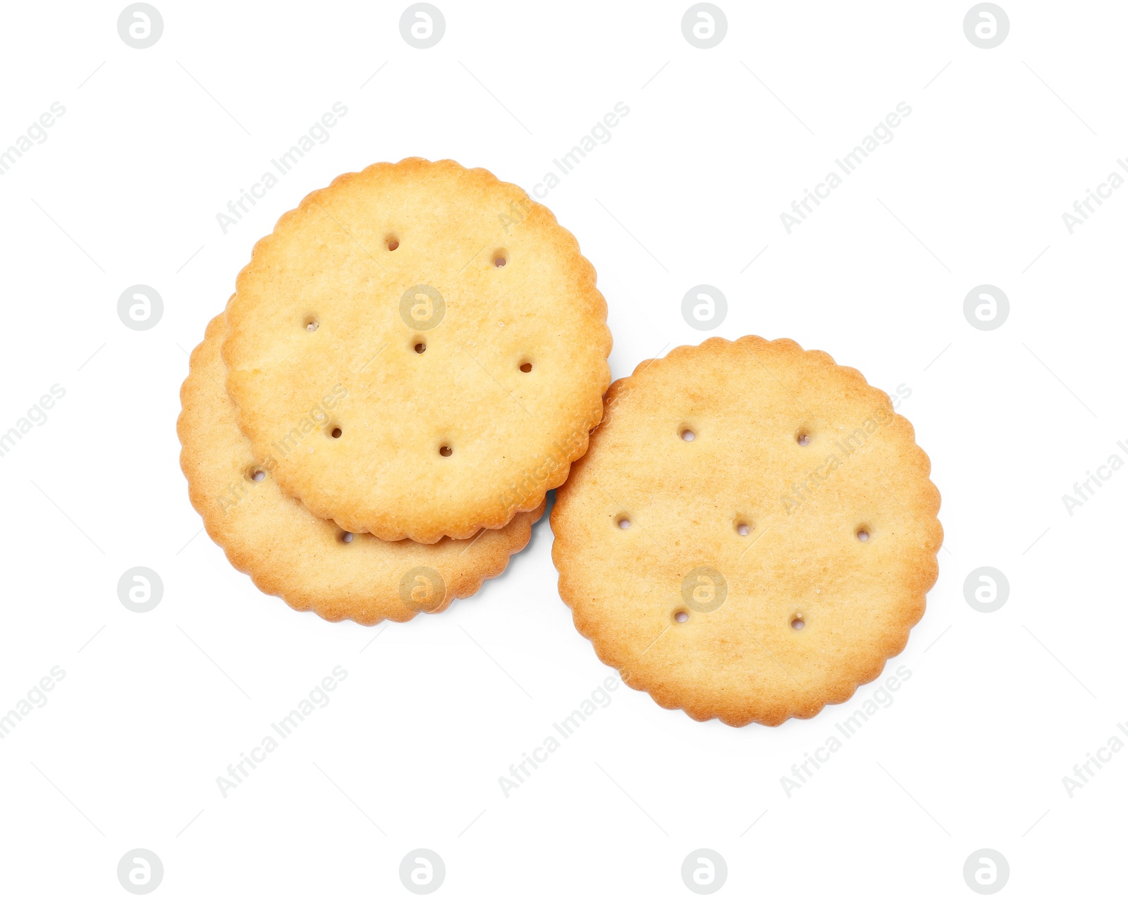 Photo of Three crispy crackers isolated on white, top view. Delicious snack