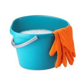 Photo of Turquoise bucket with detergent and gloves isolated on white