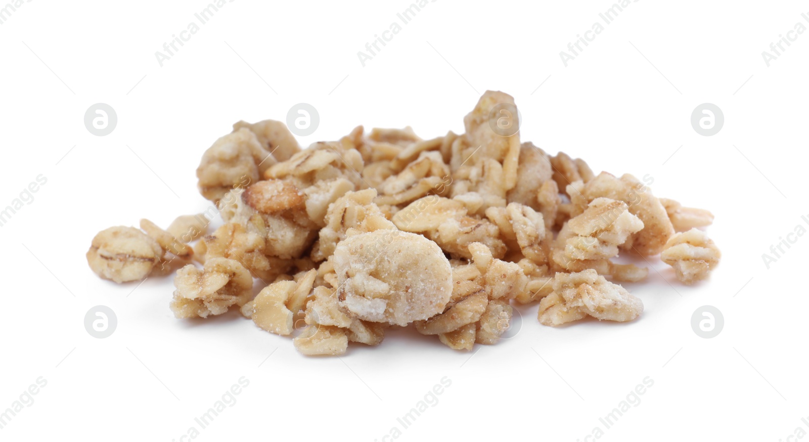 Photo of Pile of granola on white background. Healthy snack