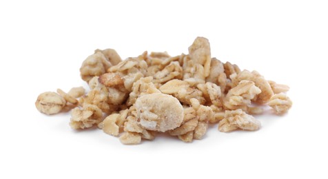 Photo of Pile of granola on white background. Healthy snack