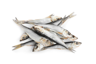 Tasty dried fish isolated on white, top view. Seafood