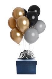 Image of Bunch of balloons and beautiful gift box with bow on white background