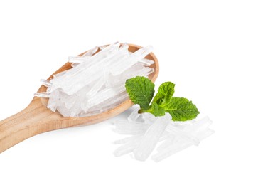 Photo of Menthol crystals and mint leaves on white background