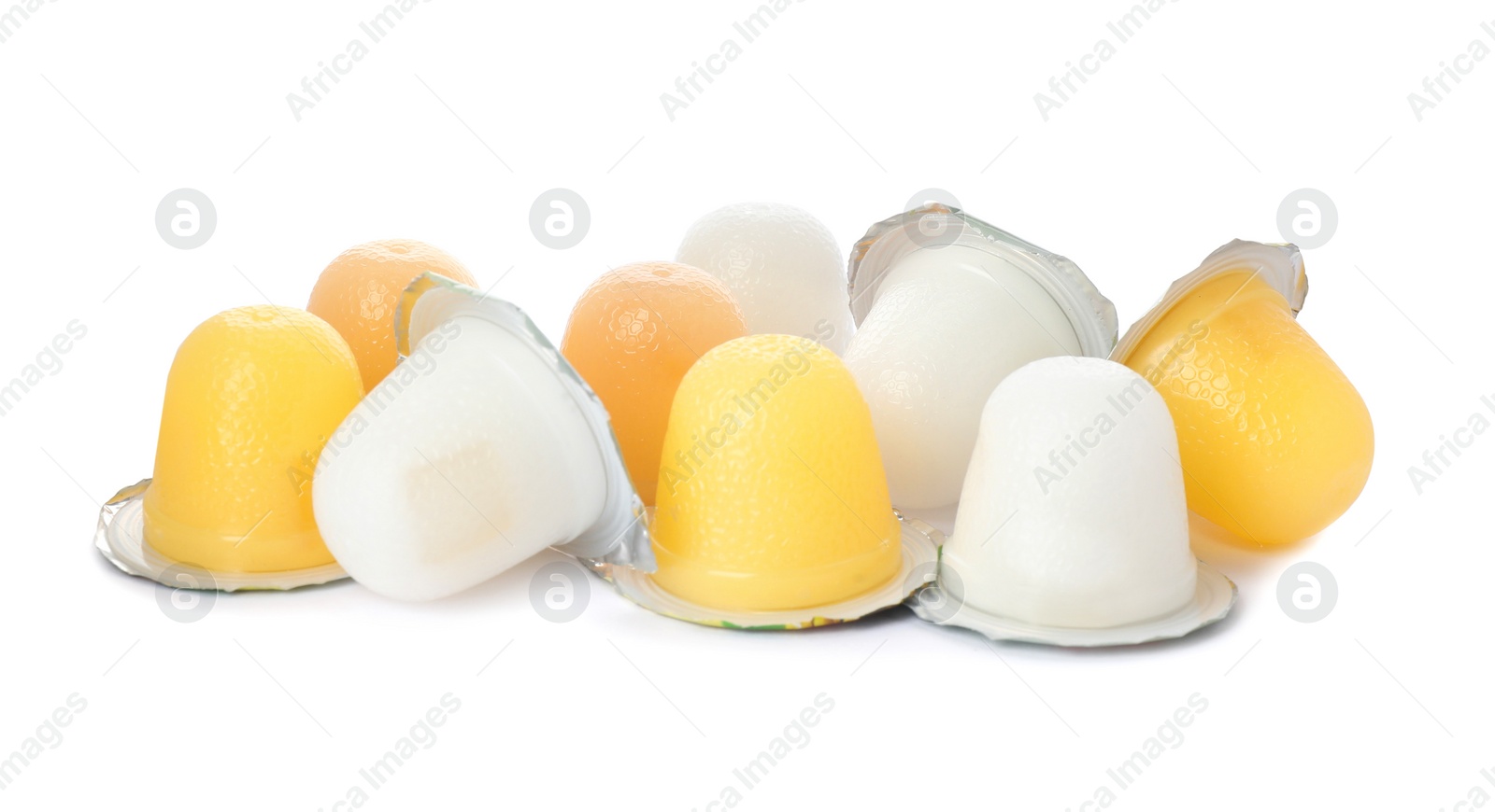 Photo of Tasty bright jelly cups on white background