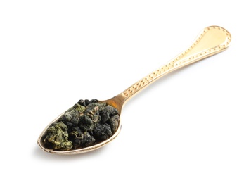 Spoon with Tie Guan Yin Oolong tea on white background